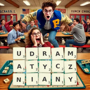 Kreatywna ilustracja do gry w Scrabble ze słowem UDRAMATYCZNIANY ułożonym z płytek na planszy.