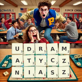 Kreatywna ilustracja do gry w Scrabble ze słowem UDRAMATYCZNIASZ ułożonym z płytek na planszy.