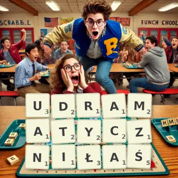 Kreatywna ilustracja do gry w Scrabble ze słowem UDRAMATYCZNIŁAŚ ułożonym z płytek na planszy.