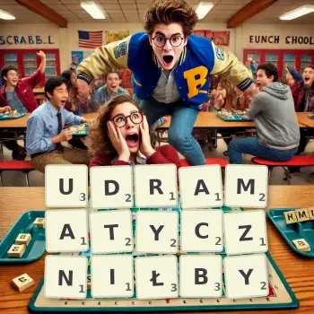 Kreatywna ilustracja do gry w Scrabble ze słowem UDRAMATYCZNIŁBY ułożonym z płytek na planszy.