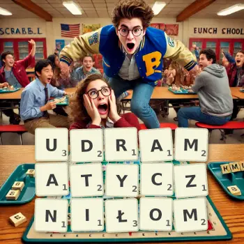 Kreatywna ilustracja do gry w Scrabble ze słowem UDRAMATYCZNIŁOM ułożonym z płytek na planszy.