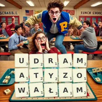 Kreatywna ilustracja do gry w Scrabble ze słowem UDRAMATYZOWAŁAM ułożonym z płytek na planszy.