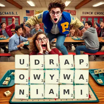 Kreatywna ilustracja do gry w Scrabble ze słowem UDRAPOWYWANIAMI ułożonym z płytek na planszy.