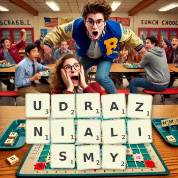 Kreatywna ilustracja do gry w Scrabble ze słowem UDRAZNIALISMY ułożonym z płytek na planszy.