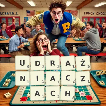 Kreatywna ilustracja do gry w Scrabble ze słowem UDRAŻNIACZACH ułożonym z płytek na planszy.