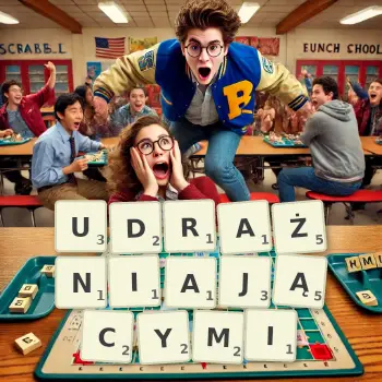 Kreatywna ilustracja do gry w Scrabble ze słowem UDRAŻNIAJĄCYMI ułożonym z płytek na planszy.