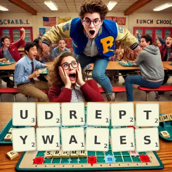 Kreatywna ilustracja do gry w Scrabble ze słowem UDREPTYWALES ułożonym z płytek na planszy.