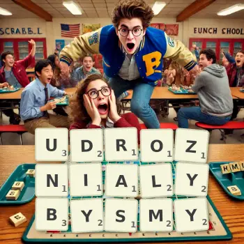 Kreatywna ilustracja do gry w Scrabble ze słowem UDROZNIALYBYSMY ułożonym z płytek na planszy.