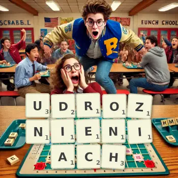 Kreatywna ilustracja do gry w Scrabble ze słowem UDROZNIENIACH ułożonym z płytek na planszy.