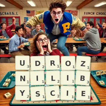 Kreatywna ilustracja do gry w Scrabble ze słowem UDROZNILIBYSCIE ułożonym z płytek na planszy.