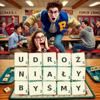 Kreatywna ilustracja do gry w Scrabble ze słowem UDROŻNIAŁYBYŚMY ułożonym z płytek na planszy.