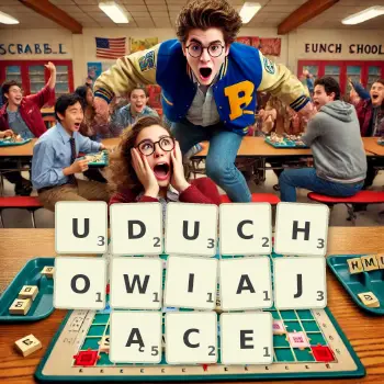 Kreatywna ilustracja do gry w Scrabble ze słowem UDUCHOWIAJĄCE ułożonym z płytek na planszy.