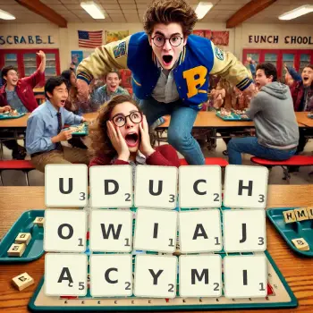 Kreatywna ilustracja do gry w Scrabble ze słowem UDUCHOWIAJĄCYMI ułożonym z płytek na planszy.