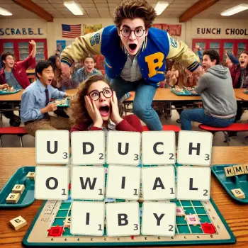 Kreatywna ilustracja do gry w Scrabble ze słowem UDUCHOWIALIBY ułożonym z płytek na planszy.