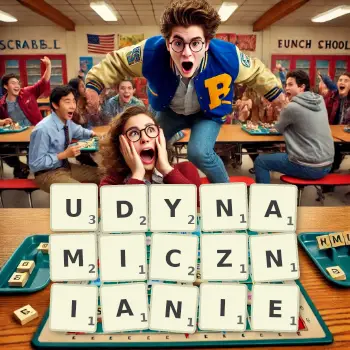 Kreatywna ilustracja do gry w Scrabble ze słowem UDYNAMICZNIANIE ułożonym z płytek na planszy.