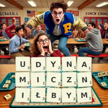 Kreatywna ilustracja do gry w Scrabble ze słowem UDYNAMICZNIŁBYM ułożonym z płytek na planszy.