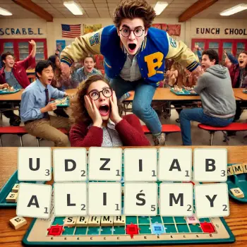 Kreatywna ilustracja do gry w Scrabble ze słowem UDZIABALIŚMY ułożonym z płytek na planszy.