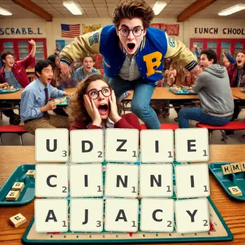 Kreatywna ilustracja do gry w Scrabble ze słowem UDZIECINNIAJACY ułożonym z płytek na planszy.