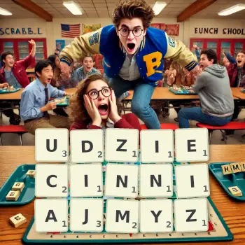 Kreatywna ilustracja do gry w Scrabble ze słowem UDZIECINNIAJMYZ ułożonym z płytek na planszy.