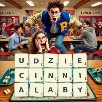 Kreatywna ilustracja do gry w Scrabble ze słowem UDZIECINNIALABY ułożonym z płytek na planszy.