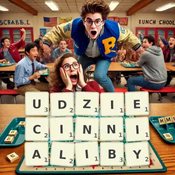 Kreatywna ilustracja do gry w Scrabble ze słowem UDZIECINNIALIBY ułożonym z płytek na planszy.