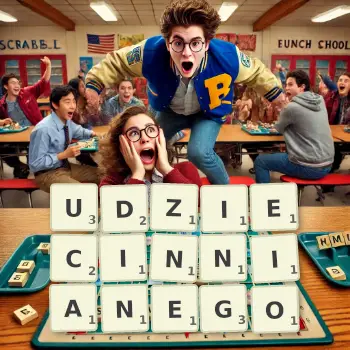 Kreatywna ilustracja do gry w Scrabble ze słowem UDZIECINNIANEGO ułożonym z płytek na planszy.