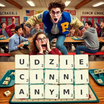 Kreatywna ilustracja do gry w Scrabble ze słowem UDZIECINNIANYMI ułożonym z płytek na planszy.