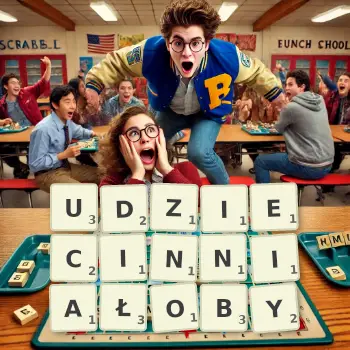 Kreatywna ilustracja do gry w Scrabble ze słowem UDZIECINNIAŁOBY ułożonym z płytek na planszy.