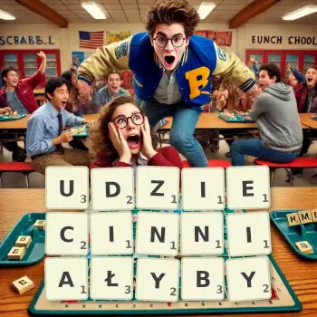 Kreatywna ilustracja do gry w Scrabble ze słowem UDZIECINNIAŁYBY ułożonym z płytek na planszy.