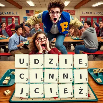 Kreatywna ilustracja do gry w Scrabble ze słowem UDZIECINNIJCIEŻ ułożonym z płytek na planszy.