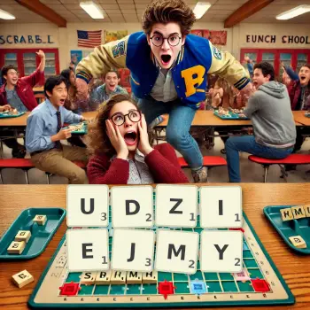 Kreatywna ilustracja do gry w Scrabble ze słowem UDZIEJMY ułożonym z płytek na planszy.