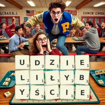 Kreatywna ilustracja do gry w Scrabble ze słowem UDZIELIŁYBYŚCIE ułożonym z płytek na planszy.