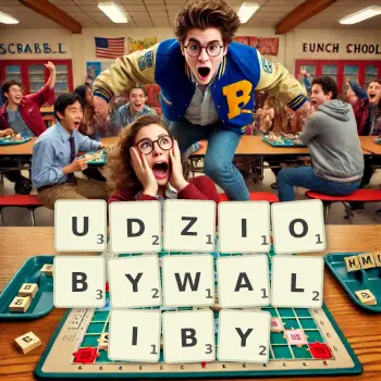 Kreatywna ilustracja do gry w Scrabble ze słowem UDZIOBYWALIBY ułożonym z płytek na planszy.