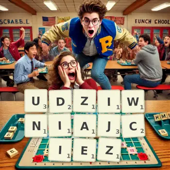 Kreatywna ilustracja do gry w Scrabble ze słowem UDZIWNIAJCIEZ ułożonym z płytek na planszy.