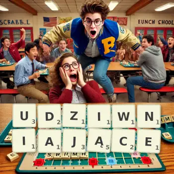 Kreatywna ilustracja do gry w Scrabble ze słowem UDZIWNIAJĄCE ułożonym z płytek na planszy.