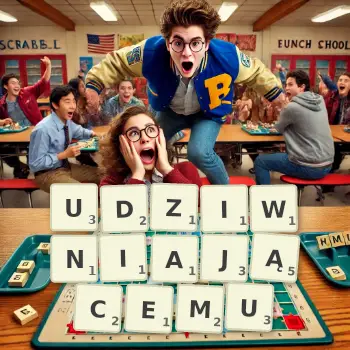 Kreatywna ilustracja do gry w Scrabble ze słowem UDZIWNIAJĄCEMU ułożonym z płytek na planszy.