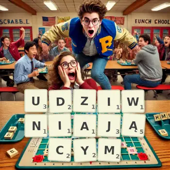 Kreatywna ilustracja do gry w Scrabble ze słowem UDZIWNIAJĄCYM ułożonym z płytek na planszy.