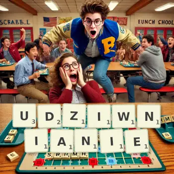 Kreatywna ilustracja do gry w Scrabble ze słowem UDZIWNIANIE ułożonym z płytek na planszy.