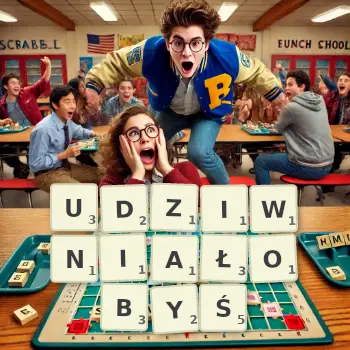Kreatywna ilustracja do gry w Scrabble ze słowem UDZIWNIAŁOBYŚ ułożonym z płytek na planszy.