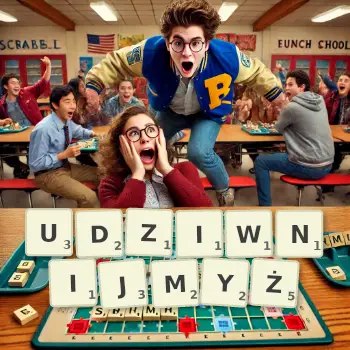 Kreatywna ilustracja do gry w Scrabble ze słowem UDZIWNIJMYŻ ułożonym z płytek na planszy.