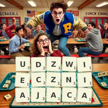 Kreatywna ilustracja do gry w Scrabble ze słowem UDZWIECZNIAJACA ułożonym z płytek na planszy.