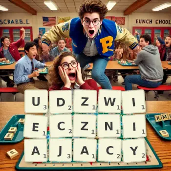 Kreatywna ilustracja do gry w Scrabble ze słowem UDZWIECZNIAJACY ułożonym z płytek na planszy.