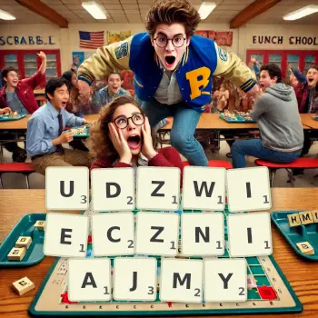 Kreatywna ilustracja do gry w Scrabble ze słowem UDZWIECZNIAJMY ułożonym z płytek na planszy.