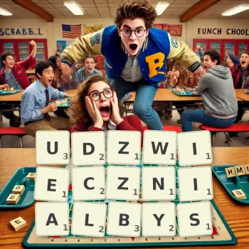 Kreatywna ilustracja do gry w Scrabble ze słowem UDZWIECZNIALBYS ułożonym z płytek na planszy.