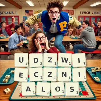 Kreatywna ilustracja do gry w Scrabble ze słowem UDZWIECZNIALOS ułożonym z płytek na planszy.