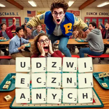 Kreatywna ilustracja do gry w Scrabble ze słowem UDZWIECZNIANYCH ułożonym z płytek na planszy.