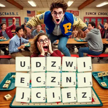 Kreatywna ilustracja do gry w Scrabble ze słowem UDZWIECZNIJCIEZ ułożonym z płytek na planszy.