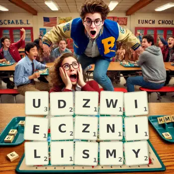 Kreatywna ilustracja do gry w Scrabble ze słowem UDZWIECZNILISMY ułożonym z płytek na planszy.