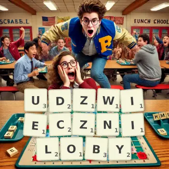 Kreatywna ilustracja do gry w Scrabble ze słowem UDZWIECZNILOBY ułożonym z płytek na planszy.