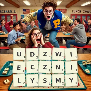 Kreatywna ilustracja do gry w Scrabble ze słowem UDZWIECZNILYSMY ułożonym z płytek na planszy.